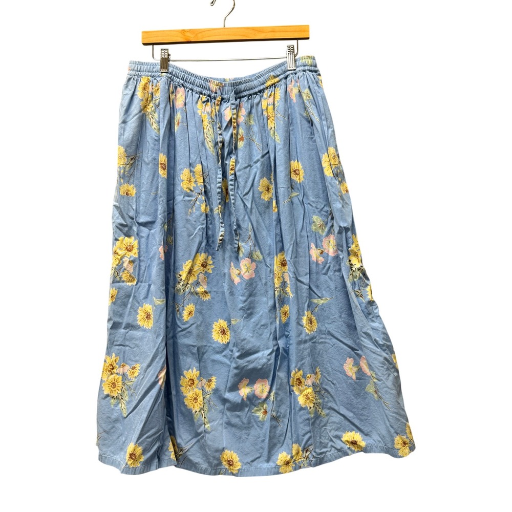 Orvis Midi Skirt Womens 14 Floral Blue Boho Cottage Core + Pockets Elastic Waist